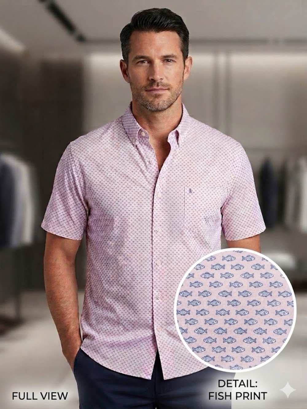 NWT Izod Light Pink Short-Sleeve Fish-Print Performance Button-Down Polo Shirt